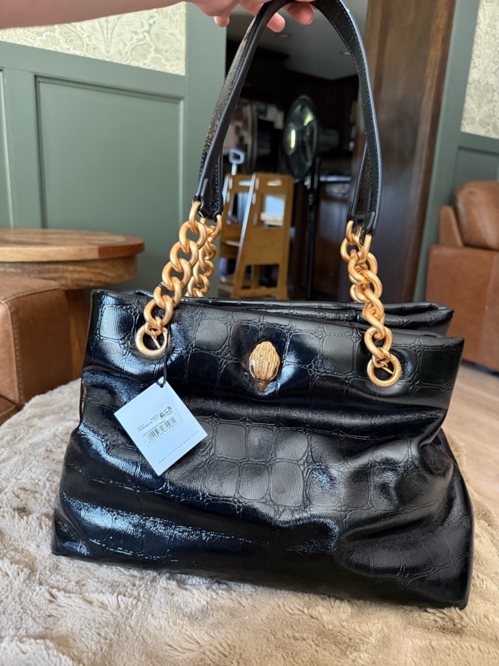 Kurt Geiger Black Croc-Embossed Patent Tote with Gold Chain Handles
